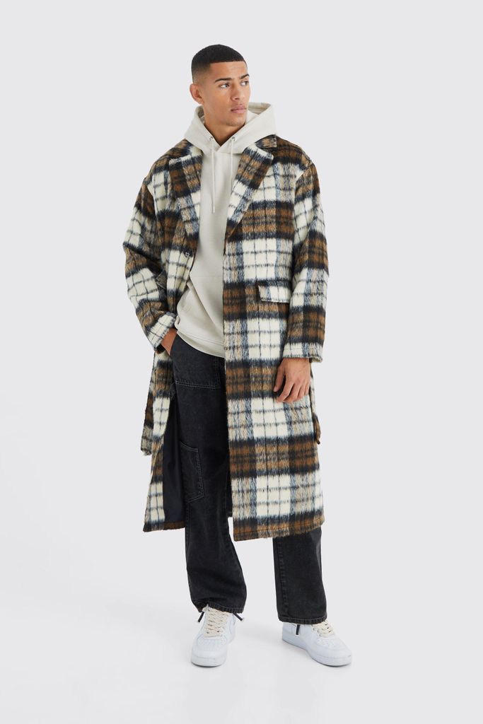 Men's Longline Brushed Check Belted Overcoat - Brown - S, Brown