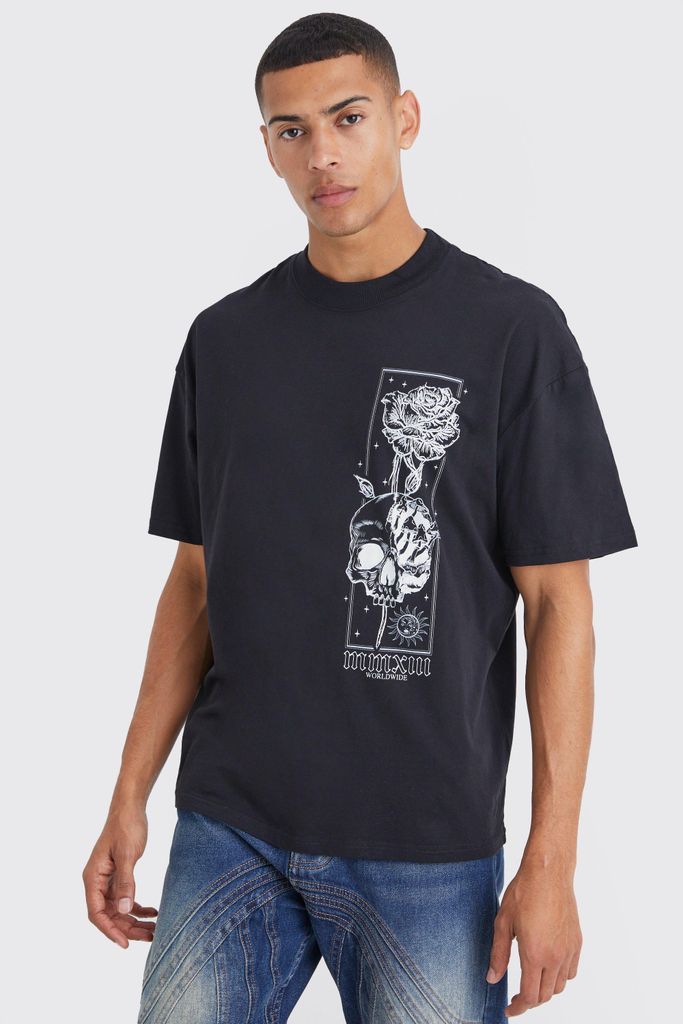 Men's Oversized Floral Graphic T-Shirt - Black - S, Black