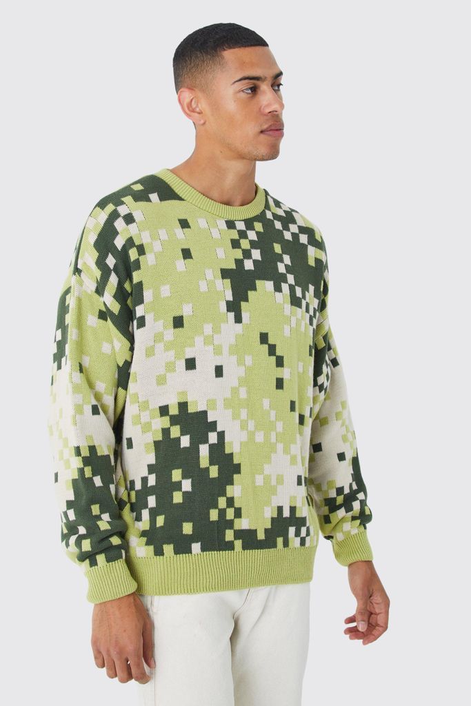 Men's Oversized Pixelated Camo Knitted Jumper - Green - S, Green