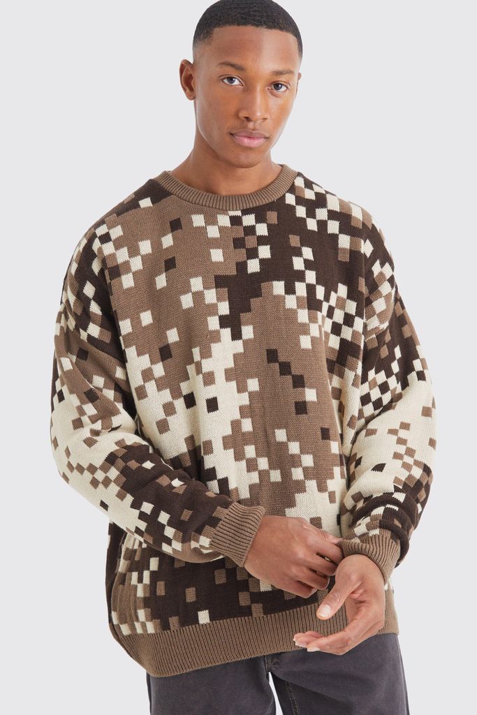 Men's Oversized Pixelated Camo Knitted Jumper - Brown - S, Brown