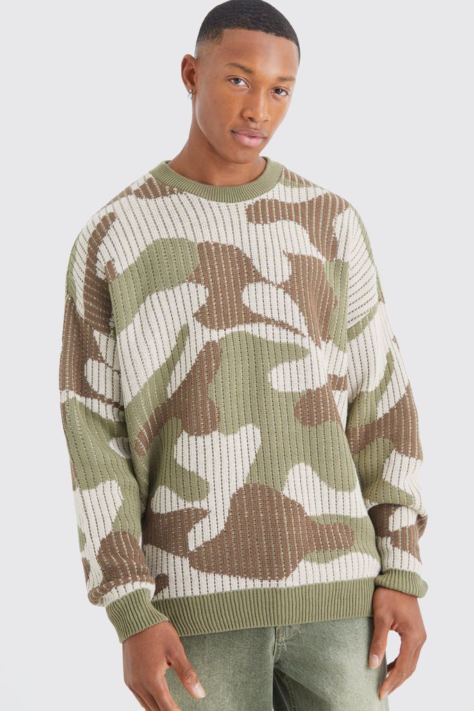 Men's Oversized Ribbed Camo Knited Jumper - Green - S, Green