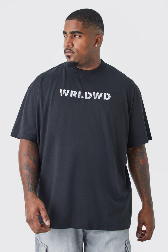 Men's Plus Oversized Wrldwd Chest Print T-Shirt - Black - Xxxl, Black