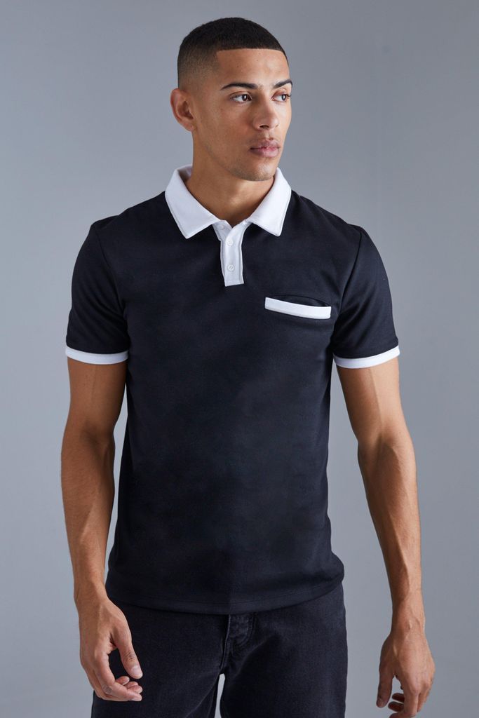 Men's Slim Colour Contrast Collar Interlock Polo - Black - S, Black