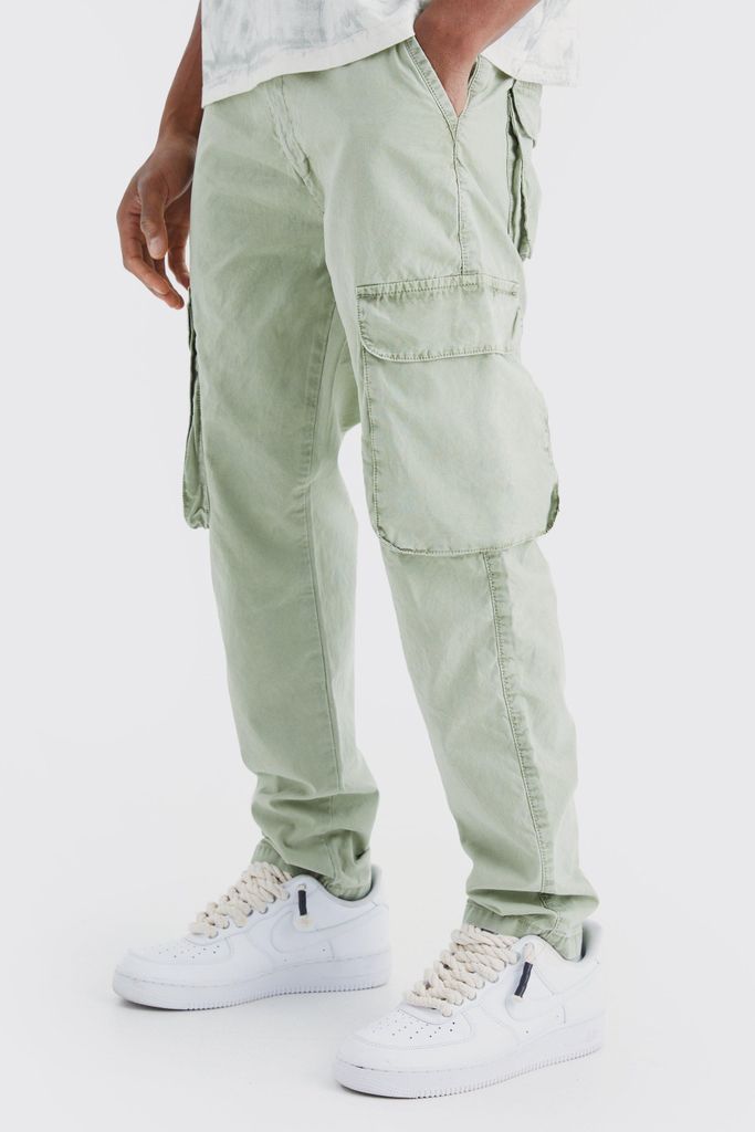 Men's Slim Fit Overdye Acid Wash Cargo Trouser - Green - 28, Green