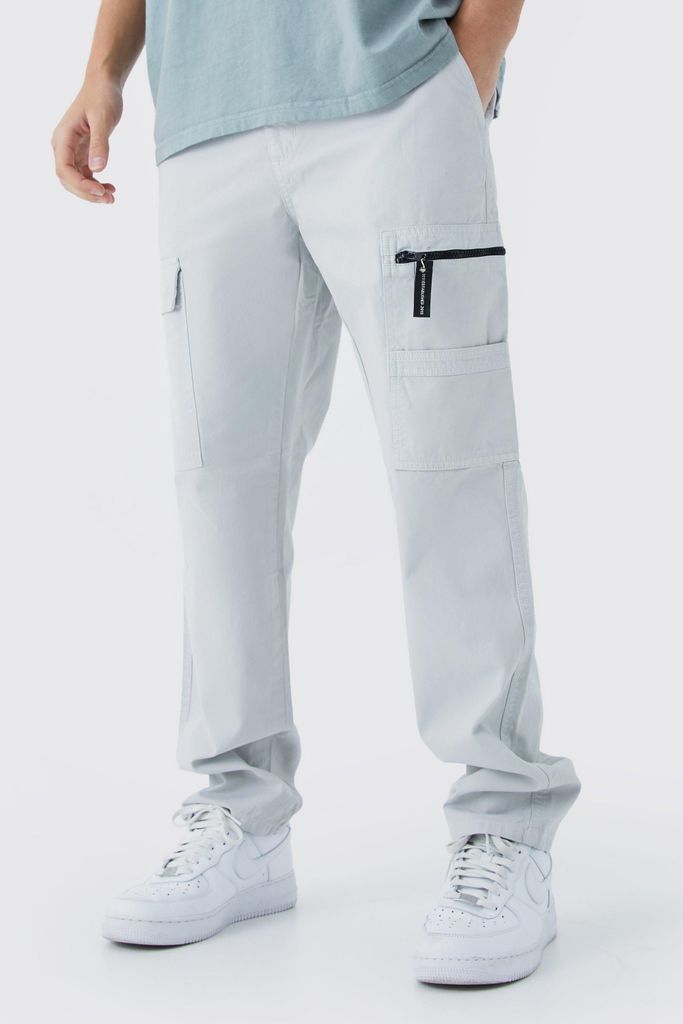 Men's Straight Leg Cargo Trouser With Branded Zip Puller - Grey - 28, Grey