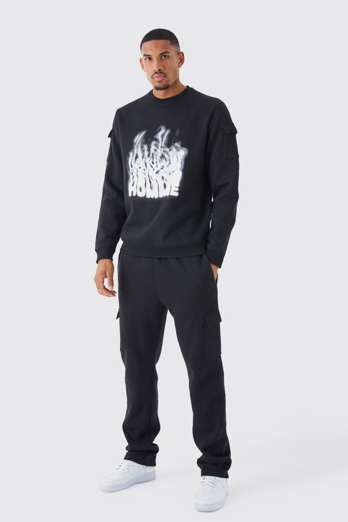 Men's Tall Cargo Pocket Graphic Sweatshirt Tracksuit - Black - S, Black