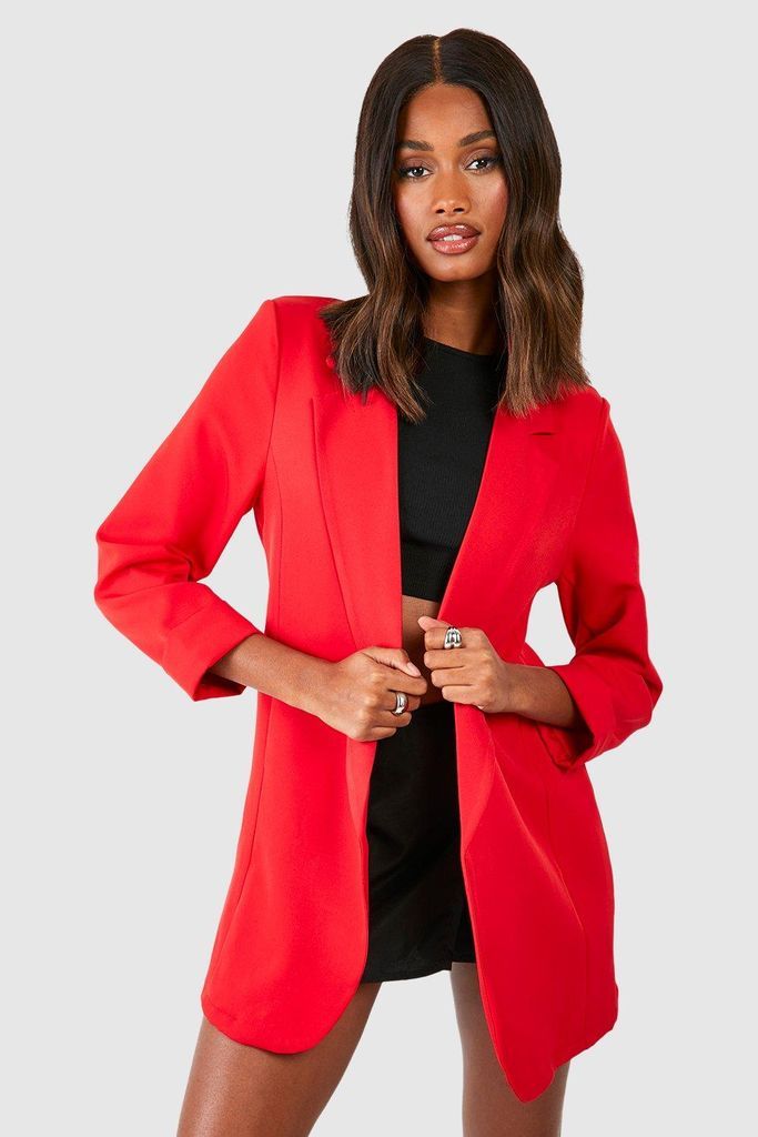 Womens Basic Woven Turn Cuff Relaxed Fit Blazer - Red - 6, Red