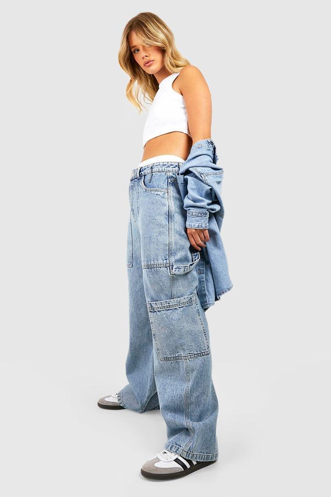 Womens Cargo Pocket Straight Leg Jeans - Blue - 6, Blue
