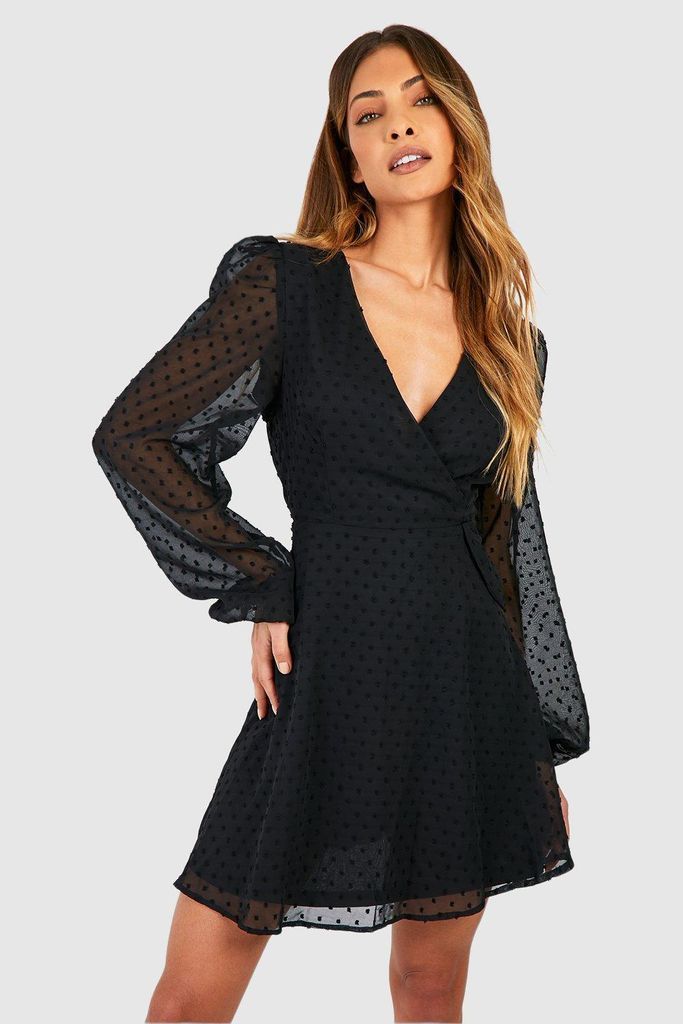 Womens Dobby Blouson Sleeve Wrap Mini Dress - Black - 8, Black