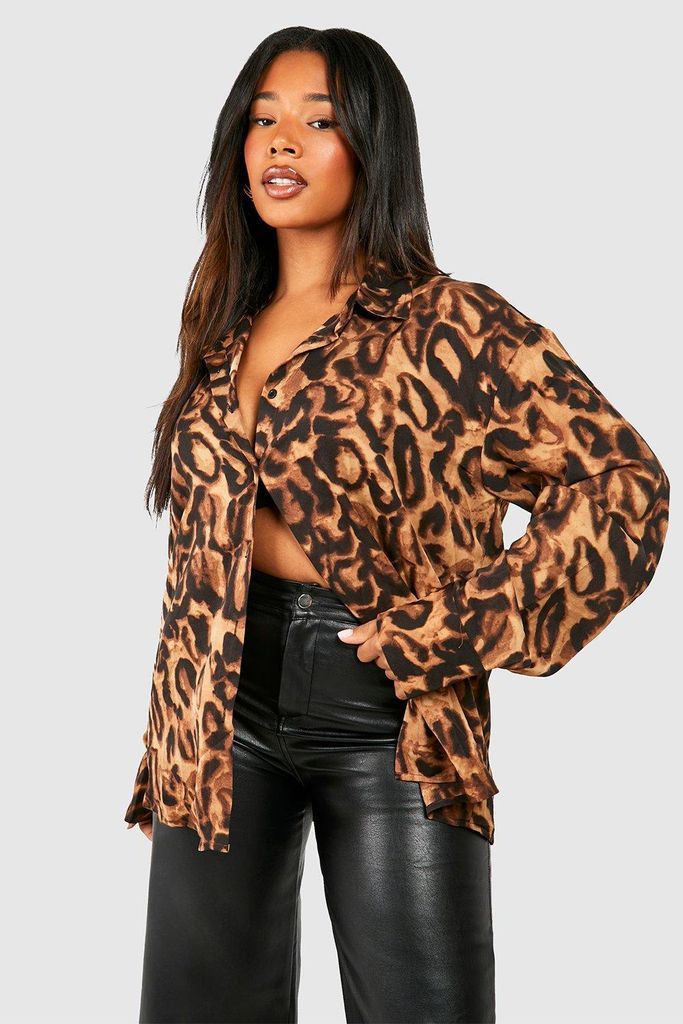 Womens Plus Leopard Print Satin Shirt - Brown - 16, Brown
