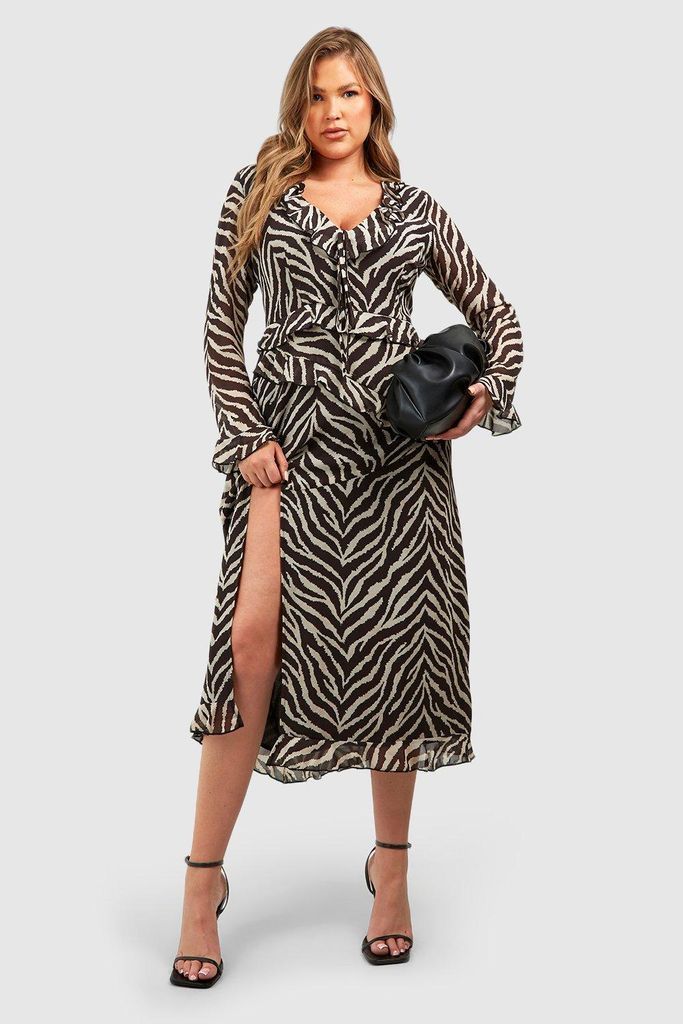 Womens Plus Ruffle Leopard Print Midaxi Dress - Brown - 16, Brown