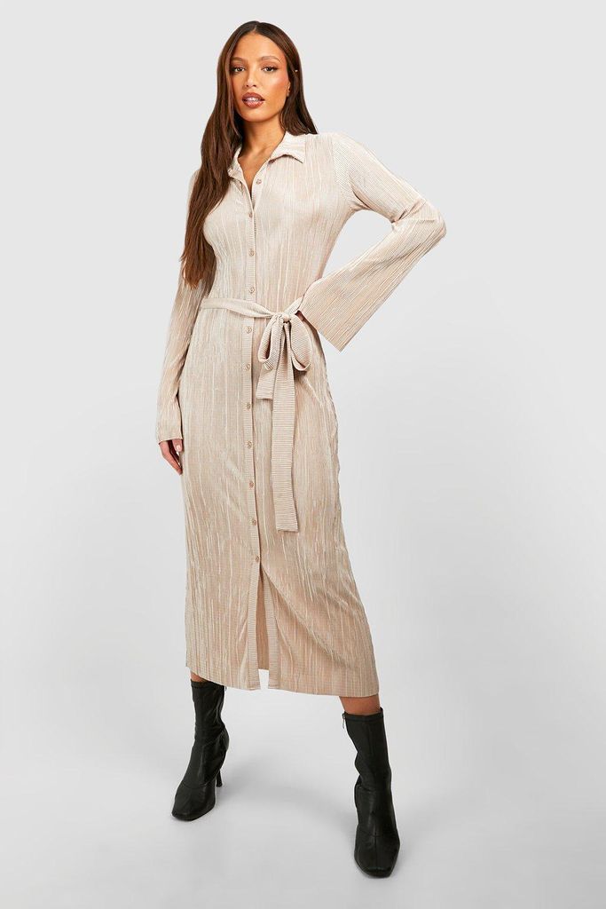 Womens Tall Plisse Belted Flare Sleeve Midi Shirt Dress - Beige - 6, Beige