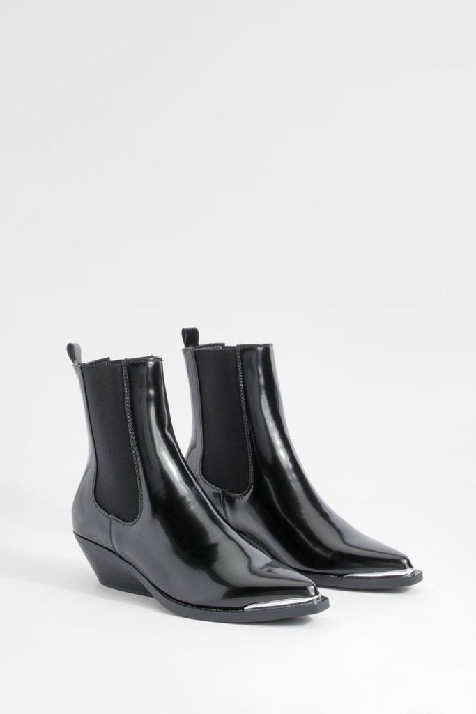 Womens Wedged Heel Cowboy Ankle Boots - Black - 3, Black
