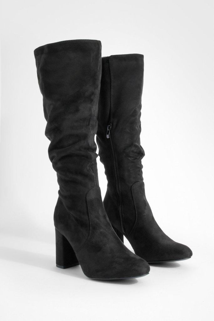 Womens Wide Fit Slouchy Block Heel Knee High Boots - Black - 3, Black
