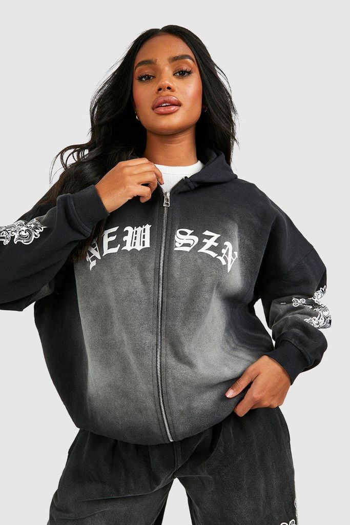 Womens New Szn Cross Printed Washed Oversized Zip Through Hoodie - Grey - S, Grey