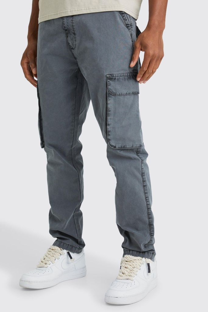 Men's Slim Fit Overdye Acid Wash Cargo Trouser - Grey - 28, Grey