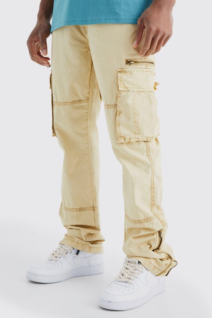 Men's Slim Flare Zip Gusset Overdye Acid Wash Cargo Trouser - Beige - 28, Beige