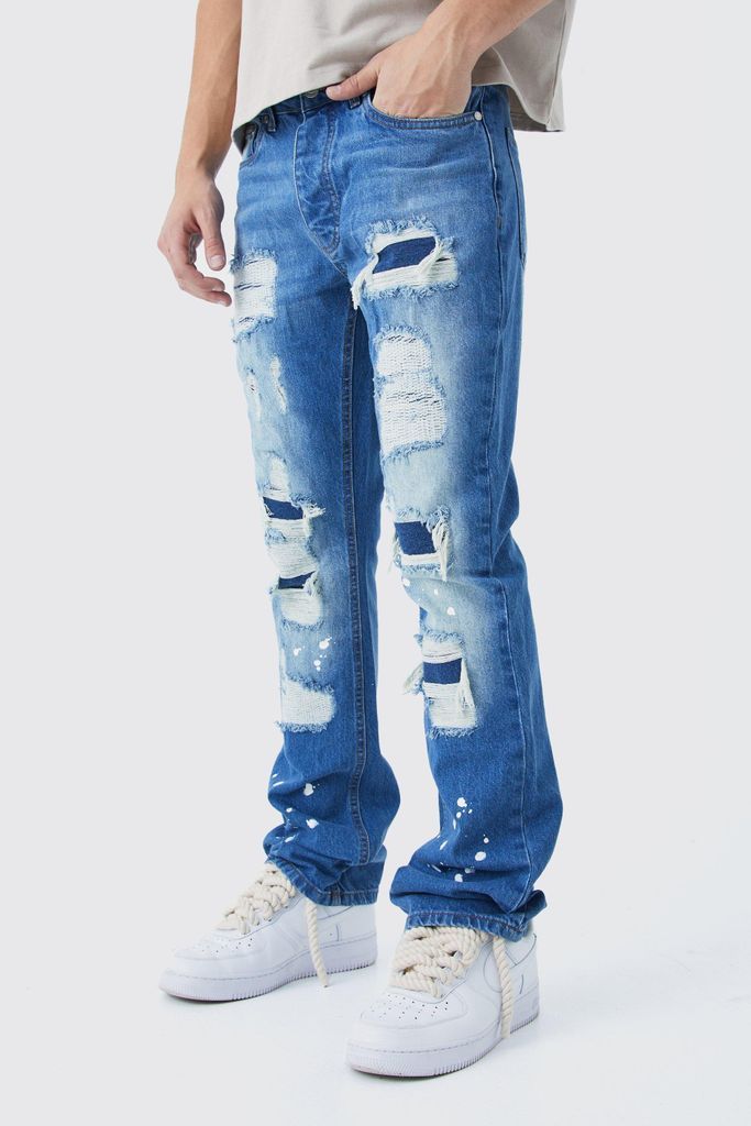 Men's Slim Rigid Flare Rip & Repair Bleached Jeans - Blue - 28R, Blue