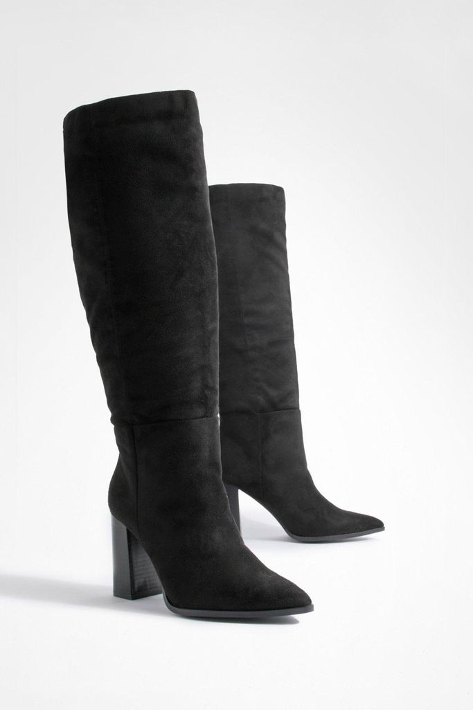 Womens Block Heel Pointed Toe Knee High Boots - Black - 3, Black