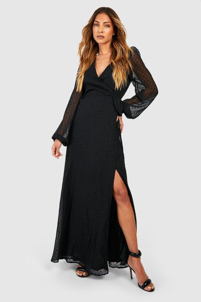 Womens Dobby Blouson Sleeve Wrap Maxi Dress - Black - 8, Black