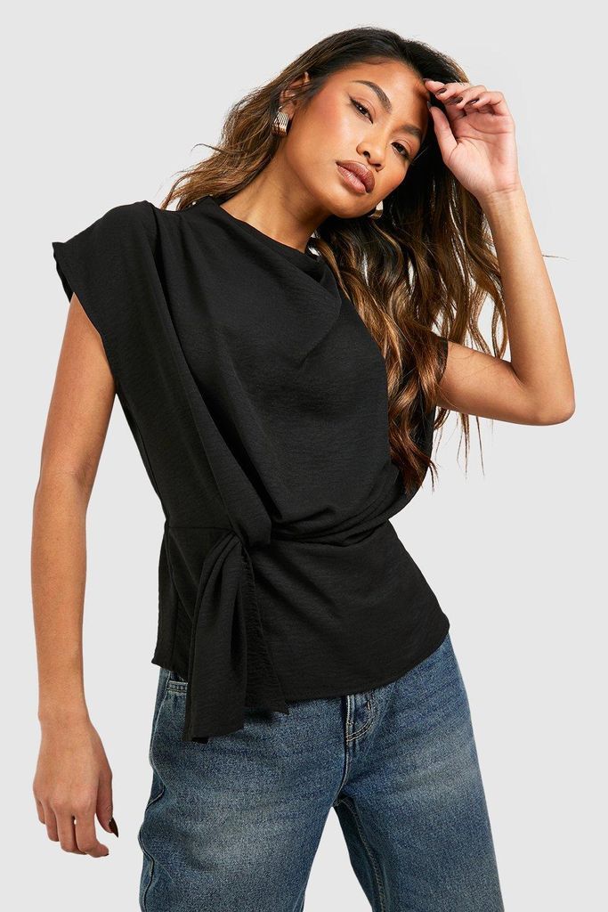 Womens Hammered Knot Front Cowl Neck Blouse - Black - 6, Black