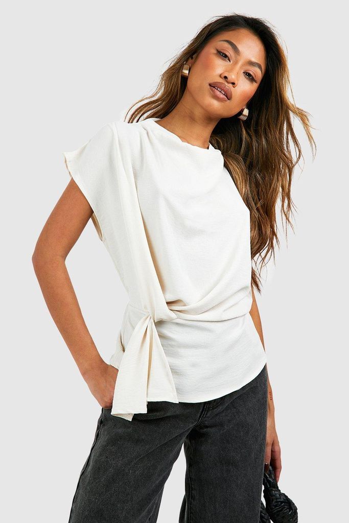Womens Hammered Knot Front Cowl Neck Blouse - White - 6, White