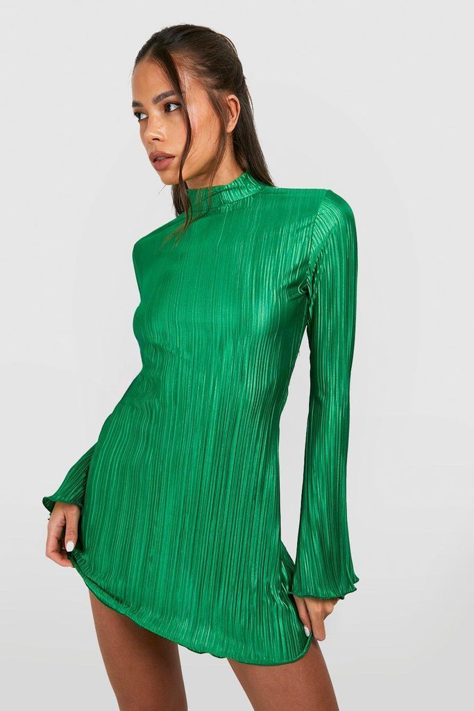 Womens Plisse Flare Sleeve Column Mini Dress - Green - 6, Green