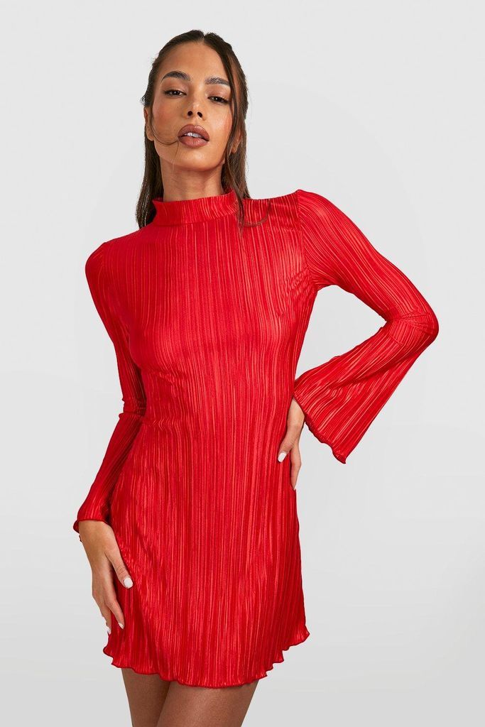Womens Plisse Flare Sleeve Column Mini Dress - Red - 6, Red