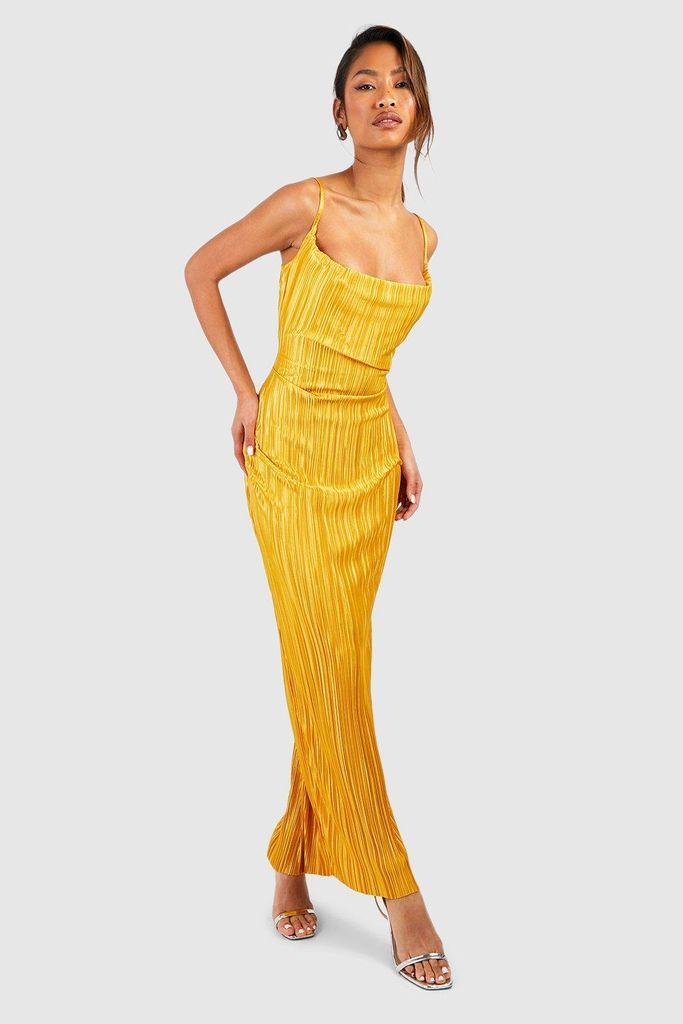 Womens Plisse Strappy Maxi Dress - Yellow - 8, Yellow