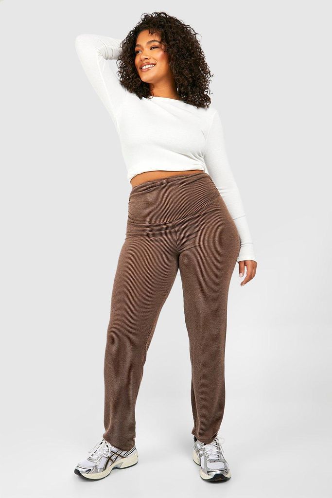 Womens Plus Washed Ribbed Folded Waist Straight Leg Trousers - Brown - 16, Brown