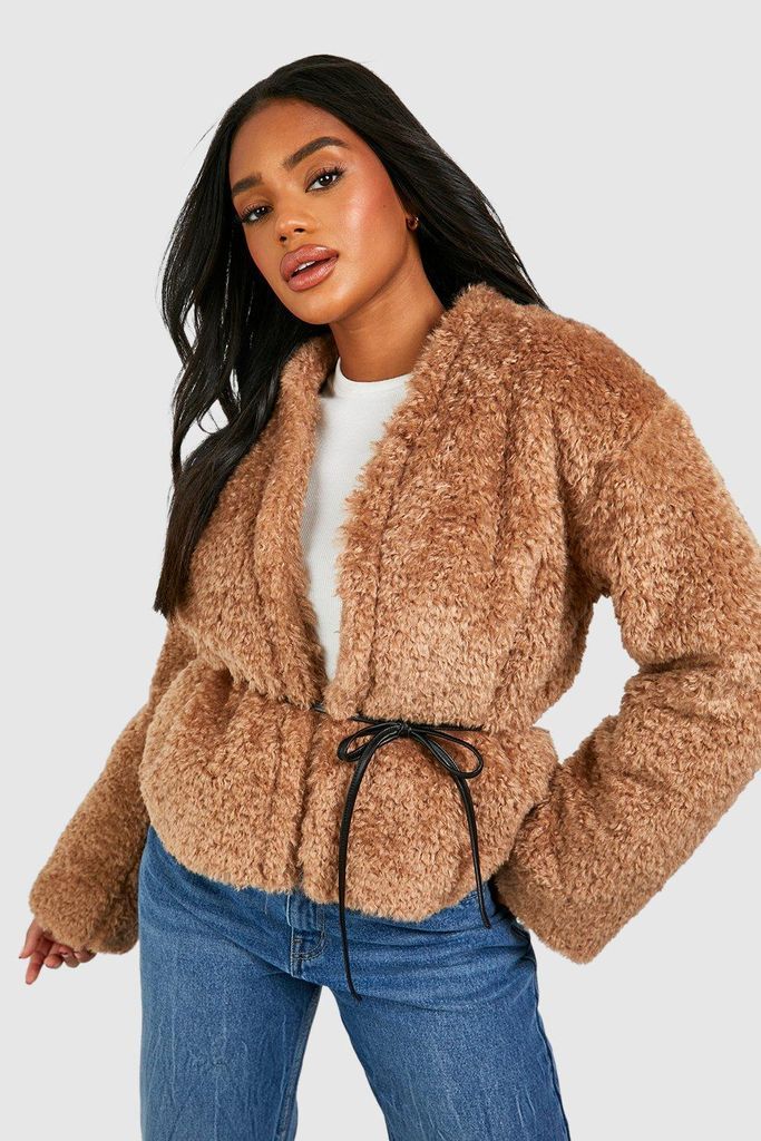 Womens Teddy Faux Fur Belt Detail Crop Jacket - Beige - 8, Beige