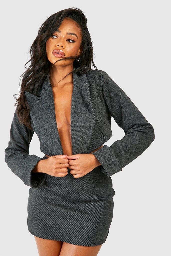 Womens Textured Super Crop Boxy Blazer - Grey - 6, Grey