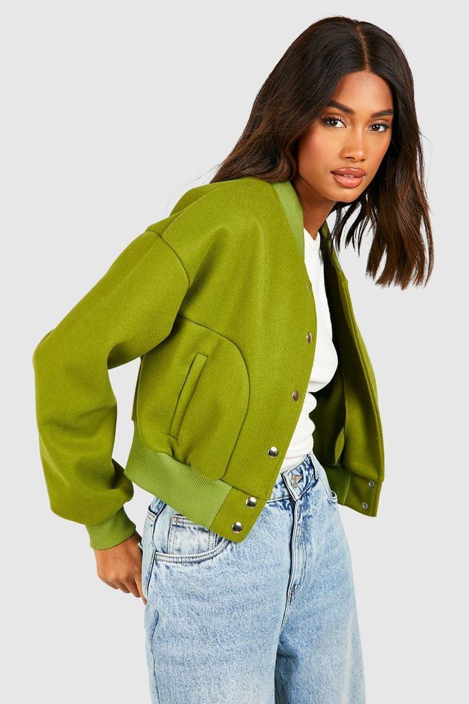 Womens Wool Look Bomber Jacket - Green - 8, Green