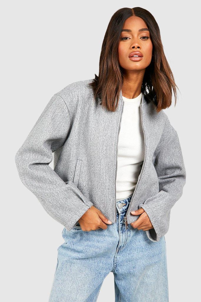Womens Zip Detail Wool Look Bomber Jacket - Grey - 8, Grey