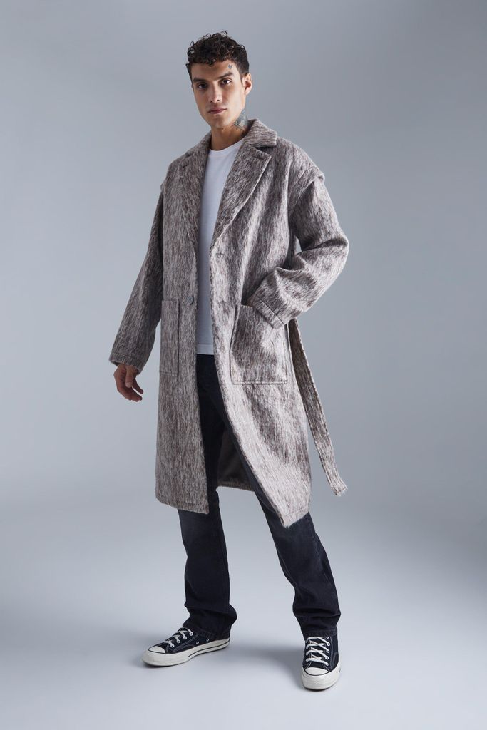 Men's Longline Brushed Wool Look Belted Overcoat - Grey - S, Grey