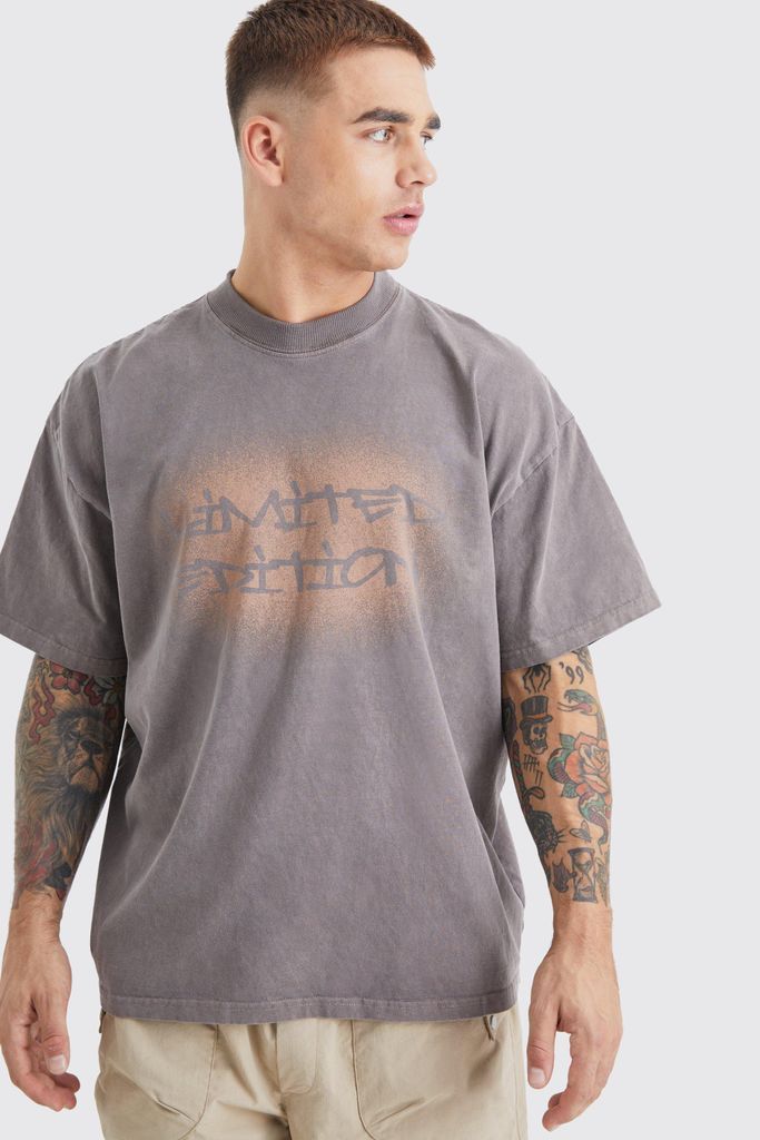 Men's Oversized Extended Neck Overdyed Spray T-Shirt - Brown - S, Brown