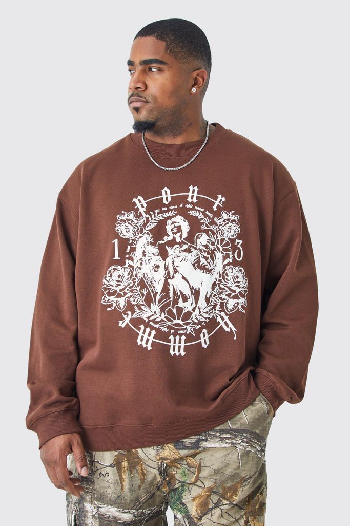 Men's Plus Oversized Extended Neck Homme Print Graphic Sweatshirt - Brown - Xxxl, Brown