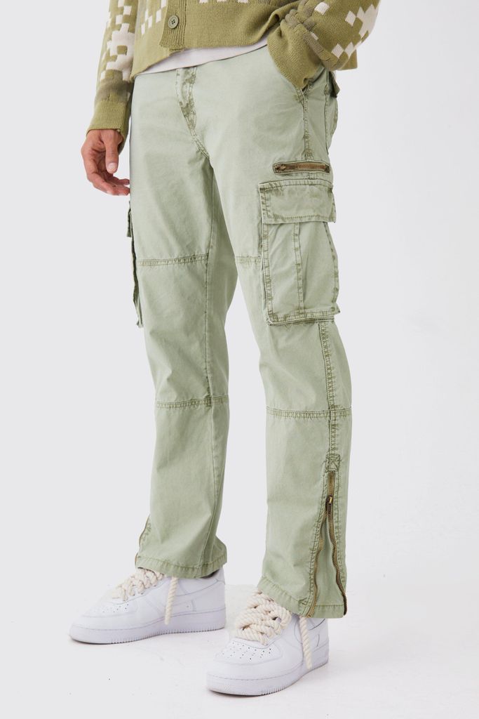 Men's Straight Leg Overdye Acid Wash Multi Zip Cargo Trouser - Green - 28, Green