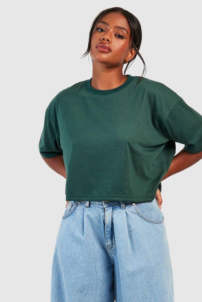 Womens Basic Cotton Boxy Cropped T-Shirt - Green - 6, Green