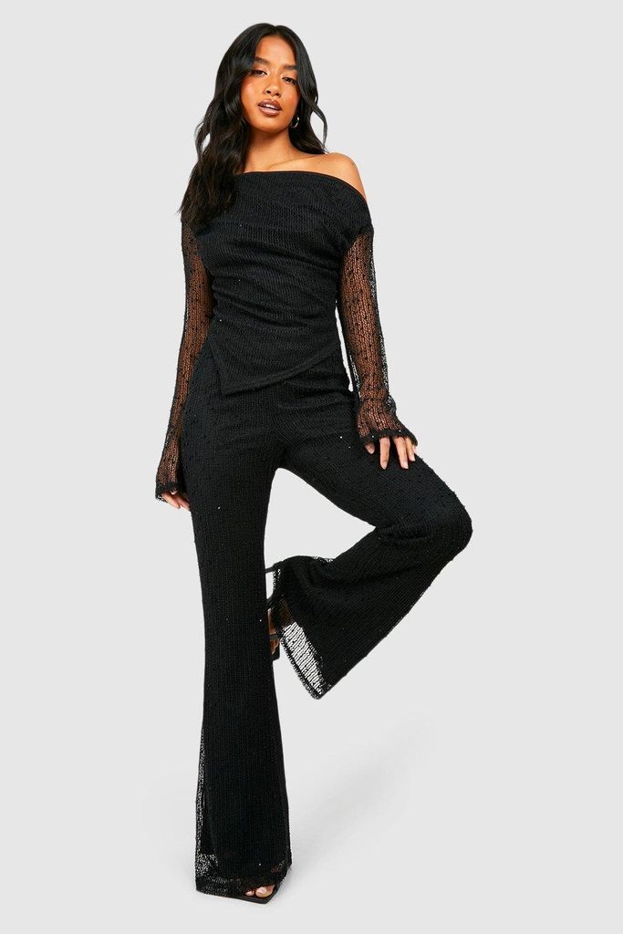 Womens Petite Textured Knit Flare Trouser - Black - 6, Black