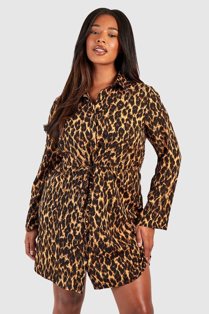 Womens Plus Leopard Drawstring Waist Shirt Dress - Multi - 16, Multi