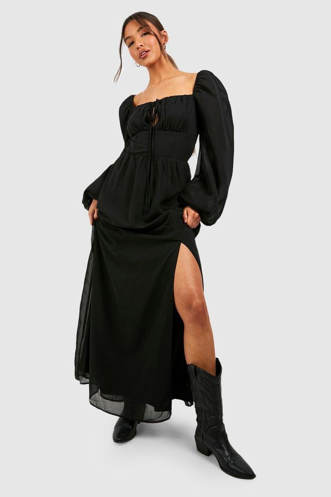 Womens Puff Sleeve Rouched Bust Maxi Milkmaid Dress - Black - 8, Black