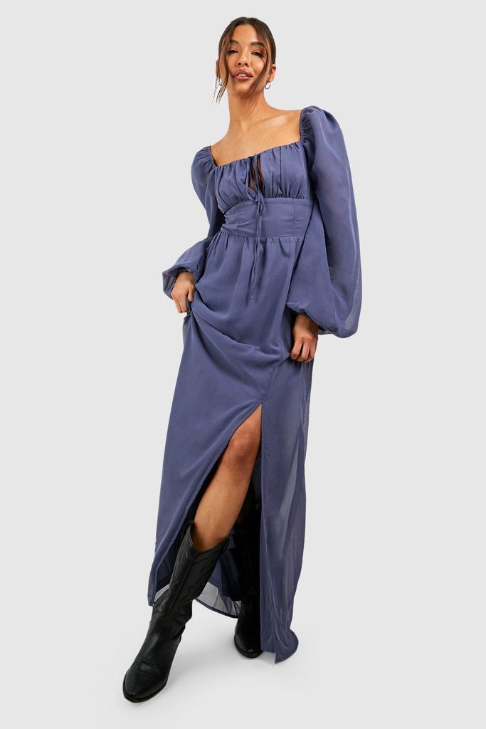Womens Puff Sleeve Rouched Bust Maxi Milkmaid Dress - Blue - 8, Blue