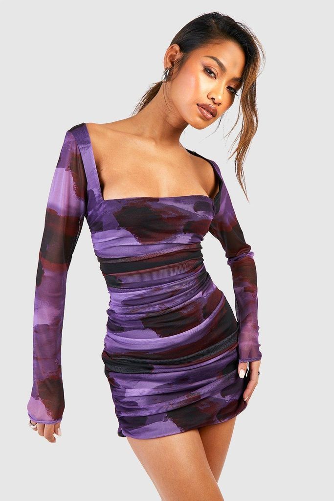 Womens Square Neck Ruched Printed Mesh Bodycon Dress - Purple - 8, Purple