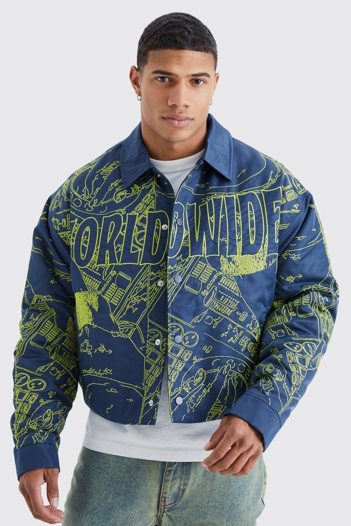 Men's Boxy Nylon All Over Embroidery Bomber Jacket - Blue - S, Blue