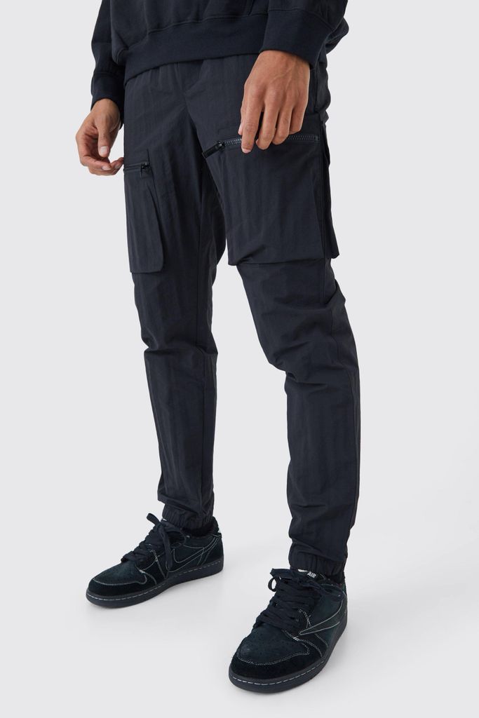 Men's Elastic Waist Slim Fit Crinkle Nylon Cargo Trouser - Black - 28R, Black