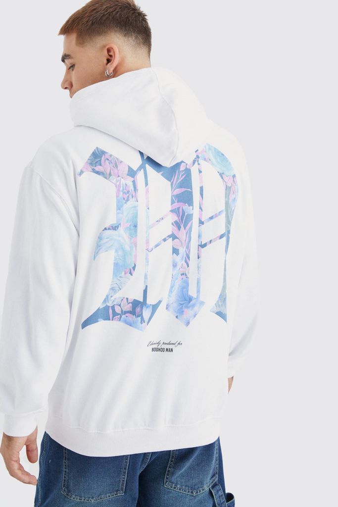 Men's Oversized M Floral Graphic Hoodie - White - S, White