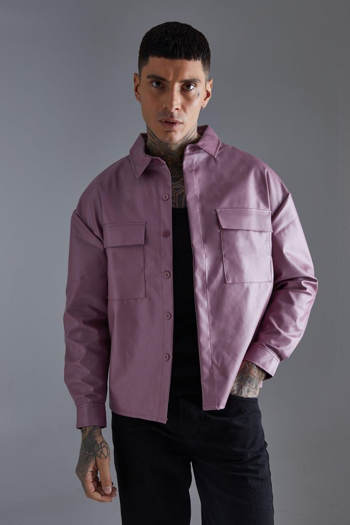 Men's Pu Boxy Oversized Long Sleeve Shirt - Purple - S, Purple
