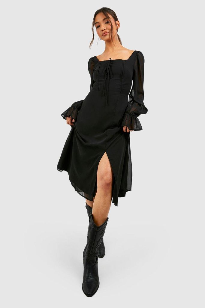Womens Blouson Sleeve Midi Milkmaid Dress - Black - 8, Black