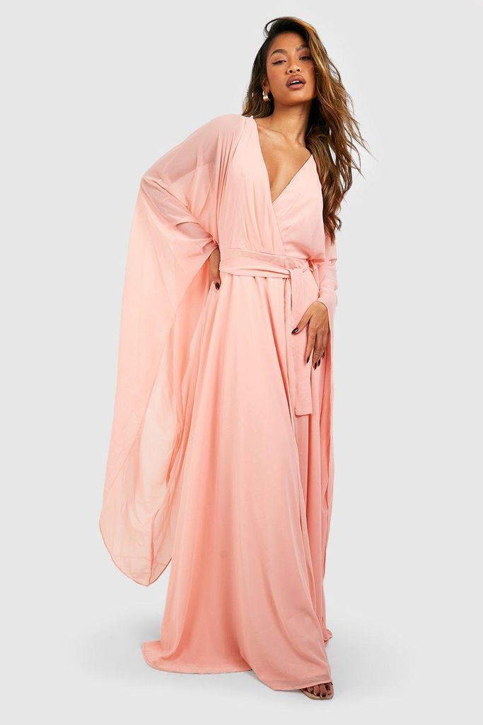 Womens Chiffon Wrap Cape Sleeve Maxi Dress - Pink - 8, Pink